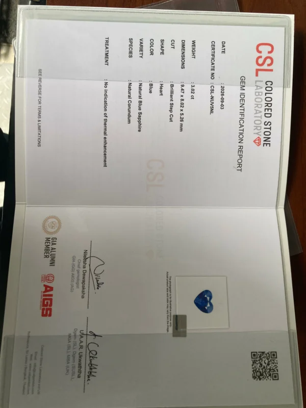 CSL certificate for 3.02ct natural blue sapphire with no heat indication